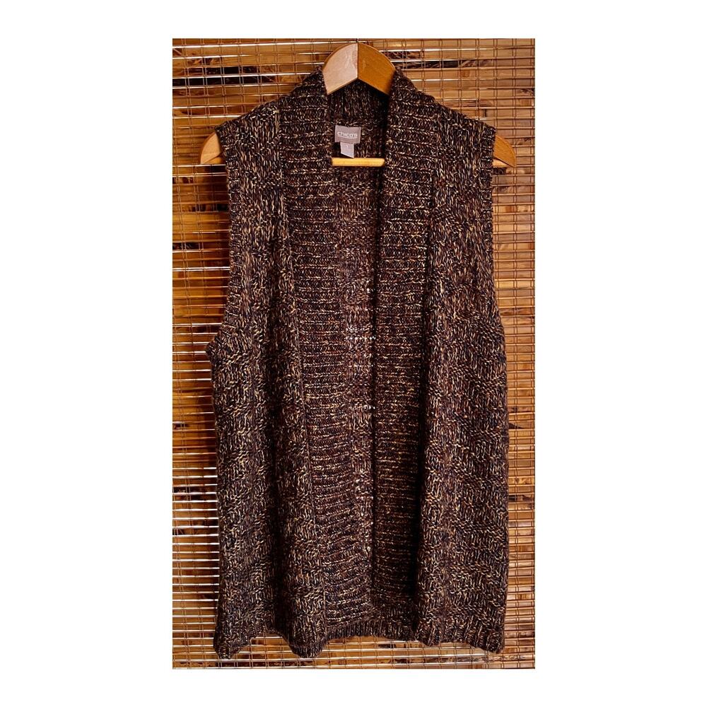 Chico’s 1 Open Front‎ Knit Sweater Vest Brown Metallic Marled Acrylic Blend